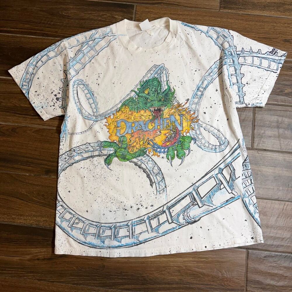 Vintage 90s Drachen Fire Busch Gardens All Over Print Roller Coaster T-Shirt